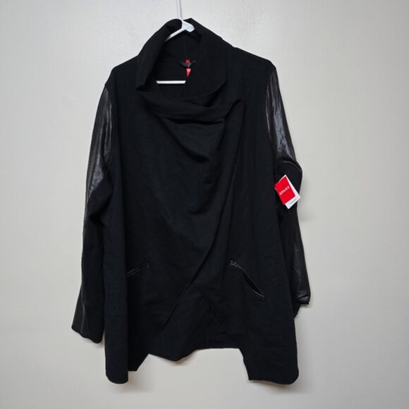 Spanx Faux Leather Drape Front Jacket Very Black Edgy Motorcycle Gothic Coat 2X - Picture 4 of 12